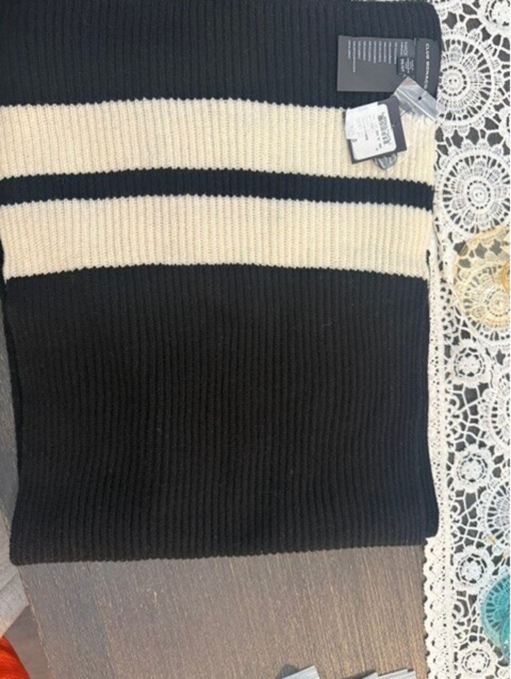 NWT Club Monaco 100% wool black and cream scarf retail $129